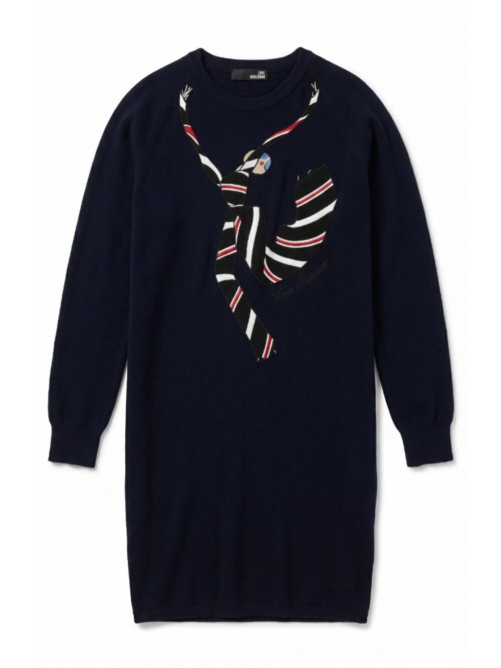 LOVE MOSCHINO Navy Wool Blend Women Neck Tie Embroidered Sweater Dress 42 6 NWT